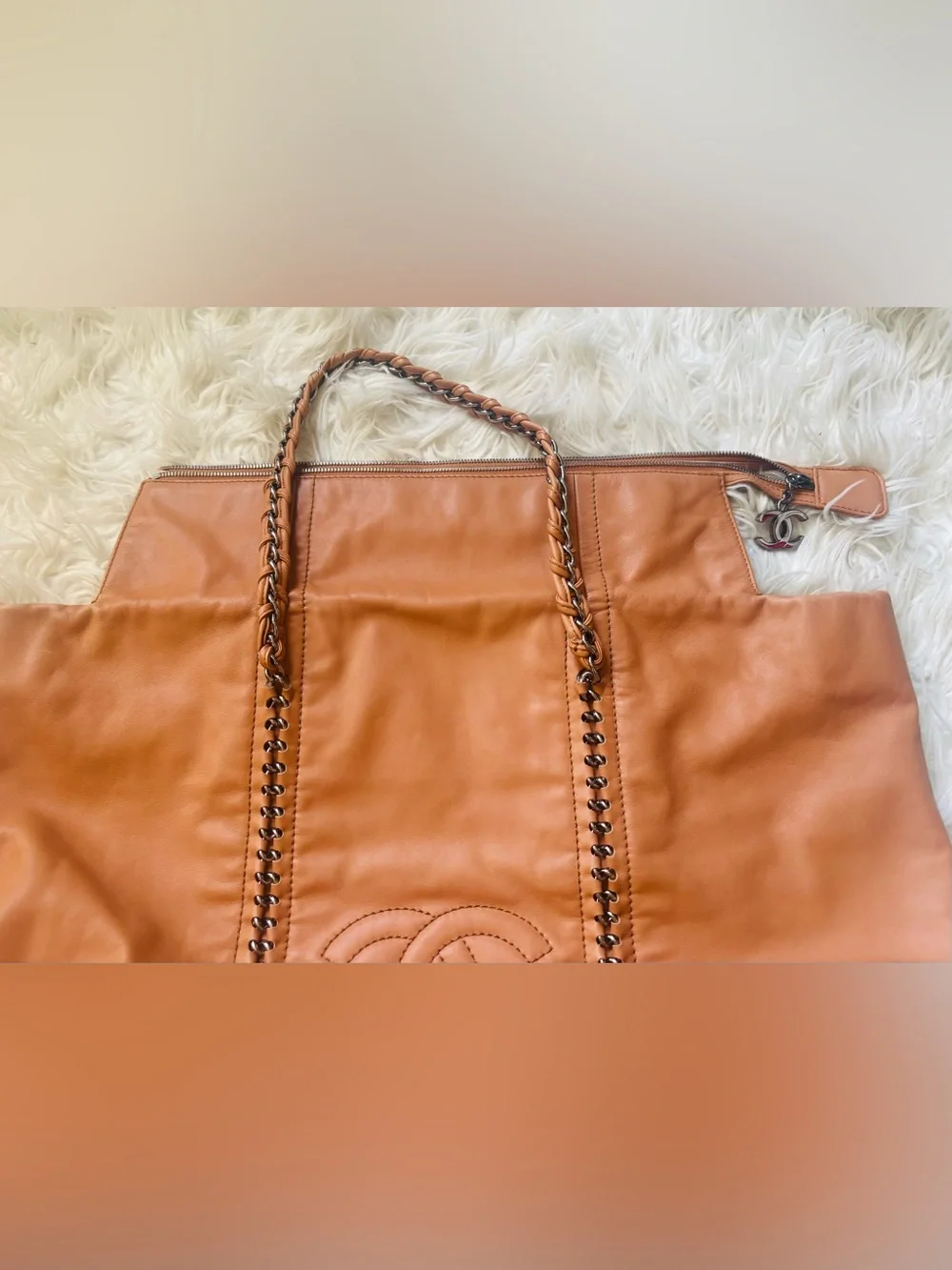 CHANEL Tan Leather Chain-Strap Tote with Stitched CC Emblem